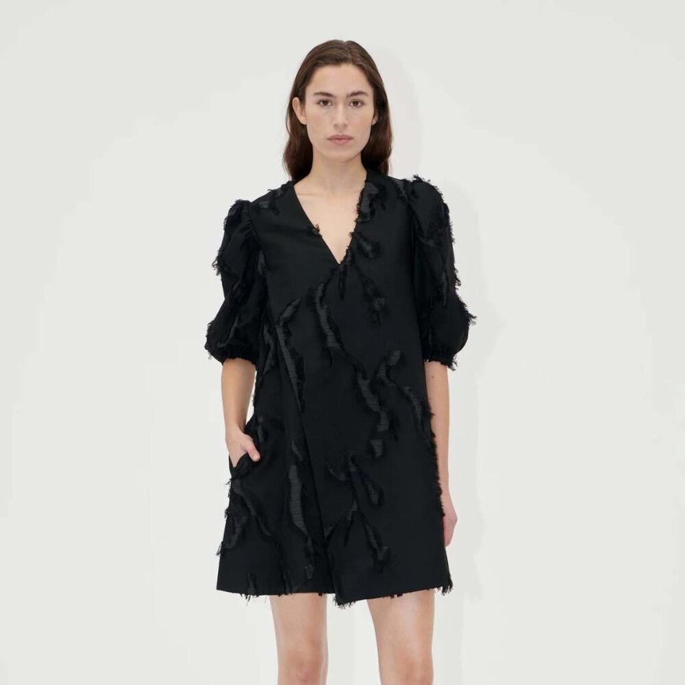 Stine Goya Puffy Sleeves Mini Dress in Jet Black Size XS